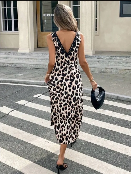 SHEIN Beige and Black Leopard Tie-Front Maxi Dress - Picture 2 of 3